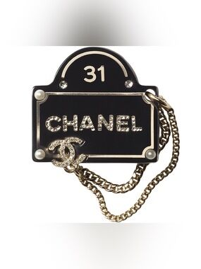 CHANEL Black and Gold '31' Logo Crystal Brooch